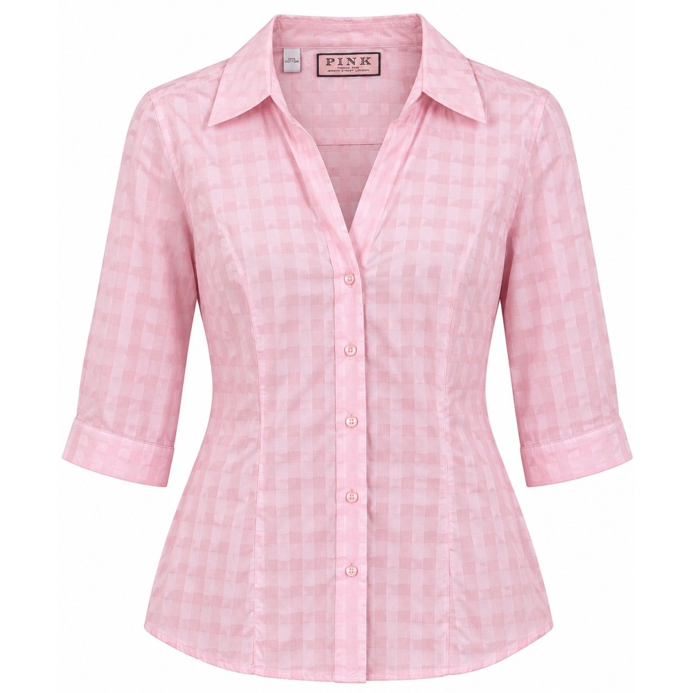 Thomas Pink Womens US 10 Pink Gingham Cotton Button Down Shirt 3/4 Sleeve